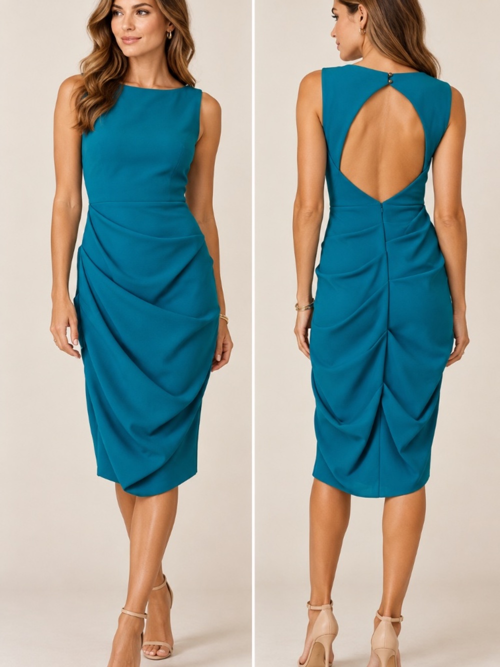 Nicole Miller Teal Ruched Sleeveless Midi Dress Size 6 NWT